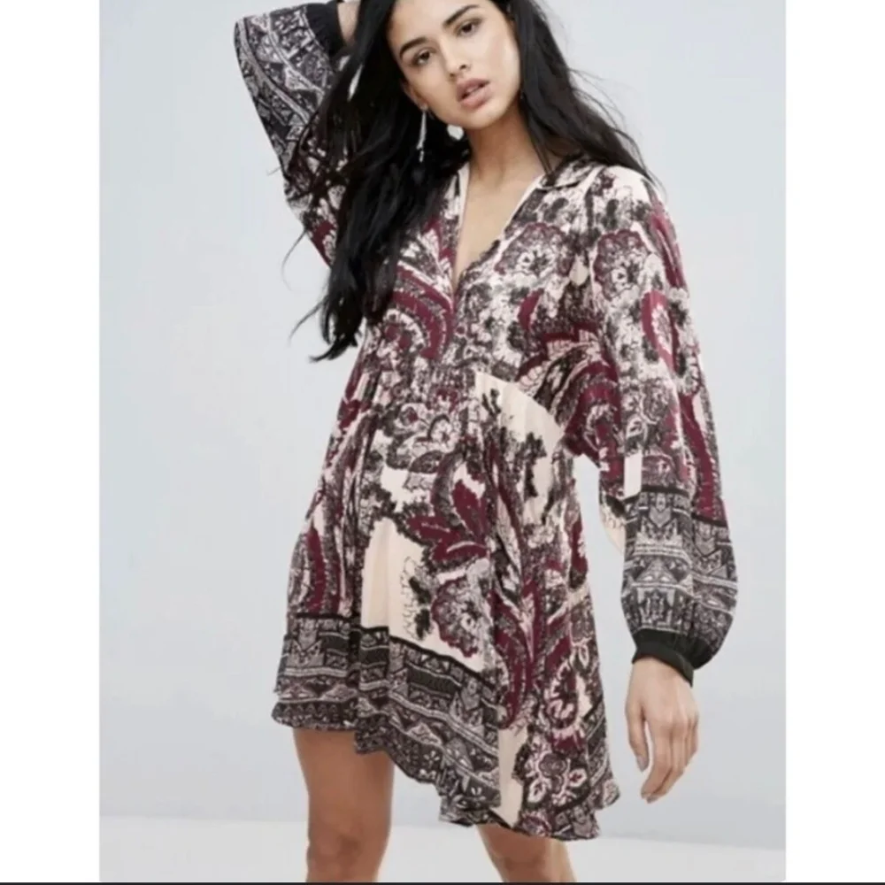 Free People Say You Love Me Mini Dress V-Neck Bohemian Ballon Sleeve Babydoll - Picture 2 of 7
